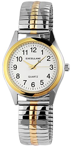 Elegante Herren Armband Uhr Weiß Silber Gold Analog Edelstahl Zugband Stretch Quarz 92700013002 von Excellanc