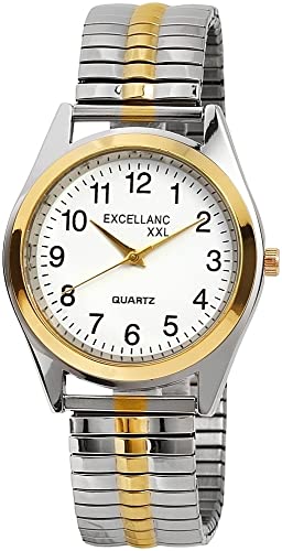 Elegante Herren Armband Uhr Weiß Silber Gold Analog Edelstahl Zugband Stretch Quarz 92700014002 von Excellanc