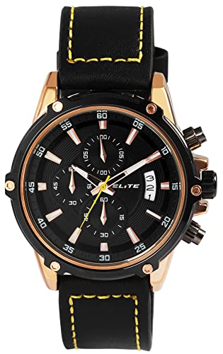 Elite Elegante Elite Design Herren Armband Uhr Schwarz Gold Chronograph Datum Leder Quarz 92900220004 von Excellanc