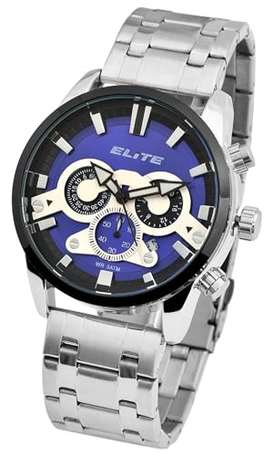 Elite Herren Armband Uhr Blau Silber Chronograph Edelstahl Analog Datum 92800063001 von Excellanc