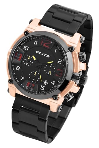 Elite Herren Armband Uhr Schwarz Rosègold Chronograph Edelstahl Analog Datum 92800065001 von Excellanc