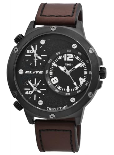 Excellanc Elite Herrenuhr Schwarz Braun Analog Triple Time Weltzeit 3 Zeiten Zeitzonen Kunst-Leder Quarz 3 Bar Armbanduhr von Excellanc