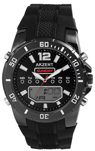 Excellanc Akzent Herren Armband Uhr Schwarz Analog Digital Chronograph Datum Licht Silikon 92420025001 von Excellanc