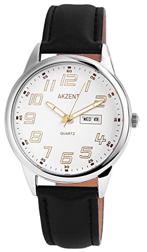 Excellanc Akzent Herren Armband Uhr Weiß Schwarz Analog Datum & Tag Kunst Leder 3 Bar Männer Quarz 9SS7722100032 von Excellanc