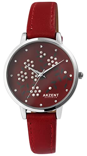 Excellanc Akzent Mode Damen Armband Uhr Rot Blumen Motiv Leder Imitat Quarz 91900249004 von Excellanc