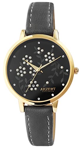 Excellanc Akzent Mode Damen Armband Uhr Schwarz Grau Gold Blumen Motiv Leder Imitat Quarz 91900249001 von Excellanc