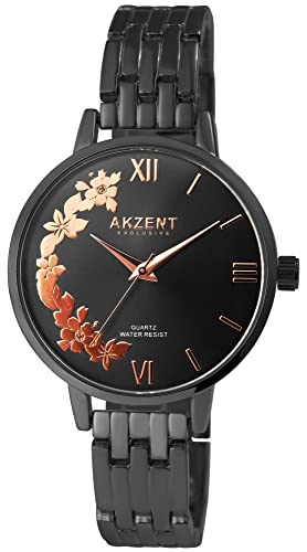 Excellanc Akzent Mode Damen Armband Uhr Schwarz Roségold Blumen Floral Design Analog Metall 91800197005 von Excellanc