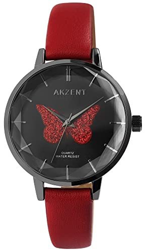 Excellanc Akzent Mode Damen Armband Uhr Schwarz Rot Schmetterling Motiv Analog Leder Imitat Quarz 91900250003 von Excellanc