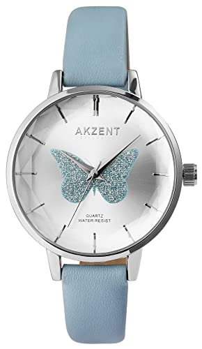 Excellanc Akzent Mode Damen Armband Uhr Silber Blau Schmetterling Motiv Analog Leder Imitat Quarz 91900250002 von Excellanc