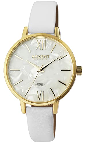 Excellanc Akzent Mode Damen Armband Uhr Weiß Gold Perlmutt Analog Kunst Leder Quarz 91900245006 von Excellanc