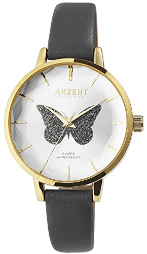 Excellanc Akzent Mode Damen Armband Uhr Weiß Grau Gold Schmetterling Motiv Analog Leder Imitat Quarz 91900250001 von Excellanc