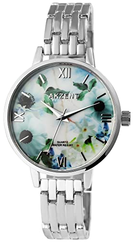 Excellanc Akzent Mode Damen Armband Uhr Weiß Silber Blumen Floral Design Analog Metall 91800197002 von Excellanc