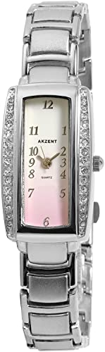 Excellanc Akzent Modische Damen Armband Uhr Weiß Rosa Silber Analog Metall Strass Kristalle Frauen 3 ATM Bar Quarz 9SS7123800049 von Excellanc