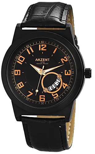 Excellanc Akzent XXL Große Herren Armband Uhr Schwarz Rosègold Datum Analog Leder Imitat 3 ATM Bar Männer 9SS7571100004 von Excellanc