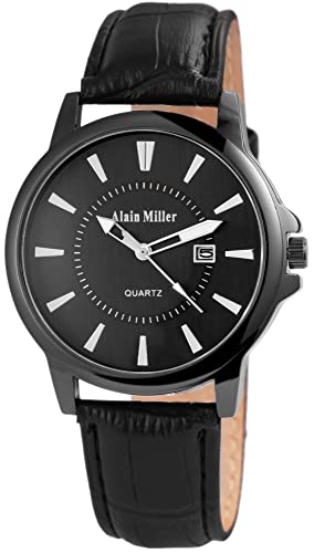 Excellanc Alain Miller Modische Herren Armband Uhr Schwarz Analog Datum Kunst Leder Quarz 92900136003 von Excellanc