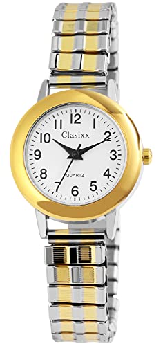 Excellanc Clasixx Dezente Damen Armband Uhr Weiß Gold Silber Zugband Stretch Quarz 91700010002 von Excellanc