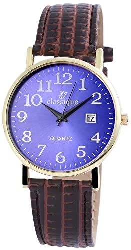Excellanc Classique Herren Armband Uhr Blau Braun Gold Analog Datum Kunst Leder Männer Quarz 9RP1240300002 von Excellanc