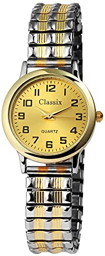 Excellanc Classix Modische Damen Armband Uhr Gold Silber Analog Zugband Stretch Quarz 91700011001 von Excellanc