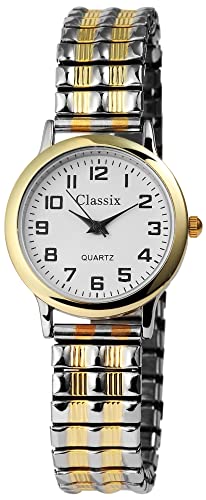 Excellanc Classix Modische Damen Armband Uhr Weiß Gold Silber Analog Zugband Stretch Quarz 91700011002 von Excellanc