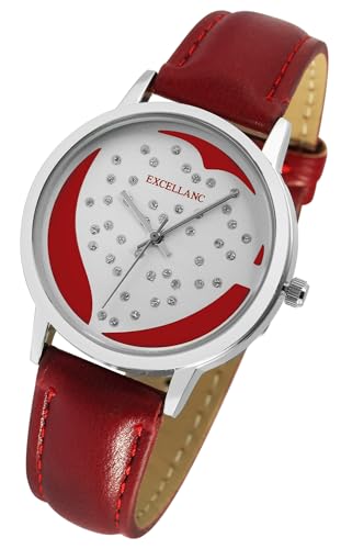 Excellanc Damen Armband Uhr Weiß Rot Herz Motiv Design Strass Leder Analog 91700272004 von Excellanc