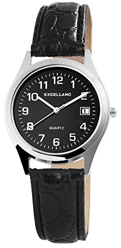 Excellanc Damen Damen-Uhr Kunstleder Armband Dornschließe Datum Analog Quarz 2900217 (schwarz silberfarbig schwarz) von Excellanc