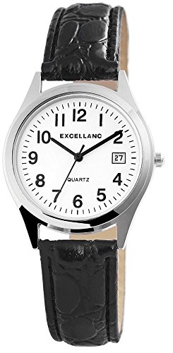 Excellanc Damen Damen-Uhr Kunstleder Armband Dornschließe Datum Analog Quarz 2900217 (schwarz silberfarbig weiß) von Excellanc