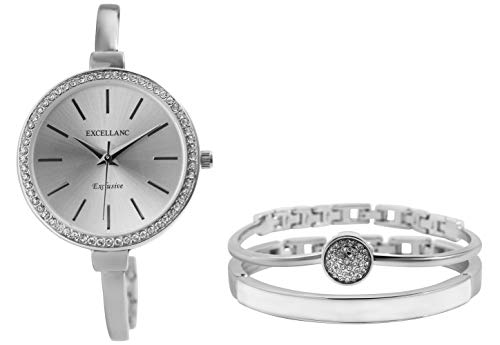 Excellanc Damen-Geschenkset Armbanduhr Armreifen Strass-Stein Metall 1800200 (silberfarbig/weiß) von Excellanc