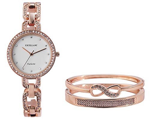 Excellanc Damen-Geschenkset Armbanduhr Armreifen Strass-Stein Metall 1800201 (roségoldfarbig/weiß) von Excellanc