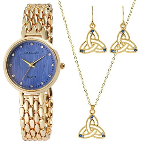 Excellanc Damen-Geschenkset Uhr Kette Anhänger Ohrstecker Analog Quarz 1800231 (goldfarbig blau) von Excellanc