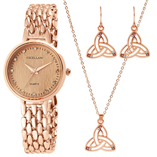 Excellanc Damen-Geschenkset Uhr Kette Anhänger Ohrstecker Analog Quarz 1800231 (roségoldfarbig) von Excellanc