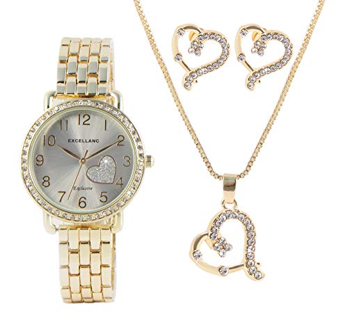 Excellanc Damen-Schmuckset Uhr Kette Ohrringe Strass Analog Quarz 1800176 (goldfarbig) von Excellanc