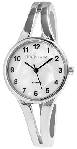 Excellanc Damen-Spangenuhr Metall Armreif Perlmutt Zifferblatt Länge 18cm silberfarbig weiß Quarz-Armbanduhr Geschenkidee von Excellanc