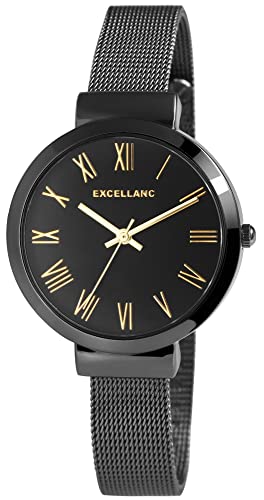 Excellanc Damen-Uhr Edelstahl Meshband Hakenverschluss Analog Quarz 1300036 (schwarz goldfarbig) von Excellanc