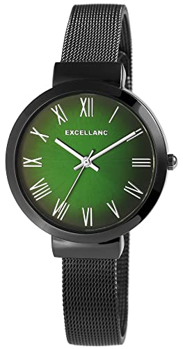 Excellanc Damen-Uhr Edelstahl Meshband Hakenverschluss Analog Quarz 1300036 (schwarz grün) von Excellanc