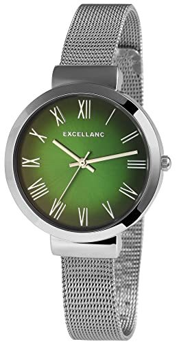 Excellanc Damen-Uhr Edelstahl Meshband Hakenverschluss Analog Quarz 1300036 (silberfarbig grün) von Excellanc