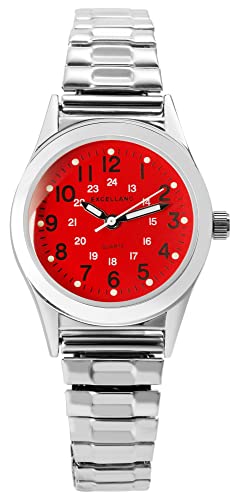 Excellanc Damen-Uhr Edelstahl Zugband 19cm ⌀ 28mm 14mm breit silberfarbig rot Luminazeiger gut lesbar 24 Std Anzeige von Excellanc