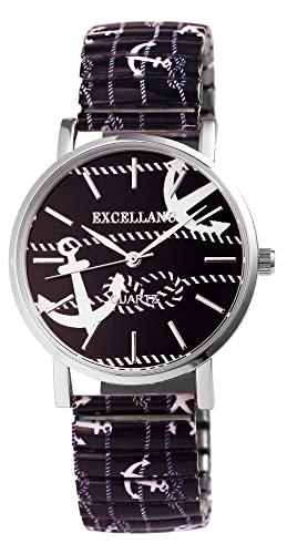 Excellanc Damen-Uhr Edelstahl Zugband Maritim Anker Print Analog Quarz 1700069 von Excellanc