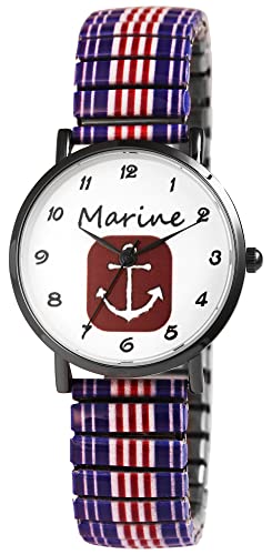 Excellanc Damen-Uhr Edelstahl Zugband Maritim Anker Print Analog Quarz 1700070 (lila blau weiß) von Excellanc