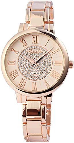 Excellanc Damen-Uhr Gliederarmband Metall Clipverschluss Strass Analog Quarz 1800087 (roségoldfarbig) von Excellanc