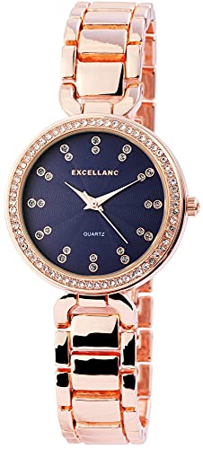 Excellanc Damen-Uhr Gliederarmband Metall Clipverschluss Strass Analog Quarz 1800088 (roségoldfarbig blau) von Excellanc