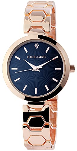 Excellanc Damen-Uhr Gliederarmband Metall Faltschließe Analog Quarz 1800073 (roségoldfarbig blau) von Excellanc