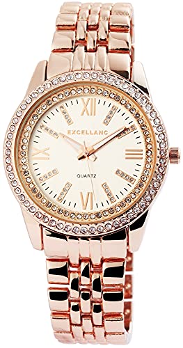Excellanc Damen-Uhr Gliederarmband Metall Faltschließe Strass Analog Quarz 1800085 (roségoldfarbig silberfarbig) von Excellanc