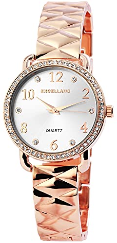 Excellanc Damen-Uhr Gliederarmband Metall Strass Clipverschluss Analog Quarz 1800080 (roségoldfarbig silberfarbig) von Excellanc