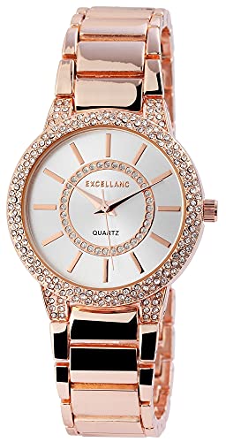 Excellanc Damen-Uhr Gliederarmband Metall Strass Faltschließe Analog Quarz 1800065 (roségoldfarbig) von Excellanc