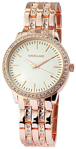 Excellanc Damen-Uhr Gliederarmband Metall Strass Faltschließe Analog Quarz 1800067 (roségoldfarbig Offwhite) von Excellanc