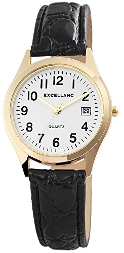 Excellanc Damen-Uhr Kunstleder Armband Dornschließe Datum Analog Quarz 2900217 (schwarz goldfarbig weiß) von Excellanc