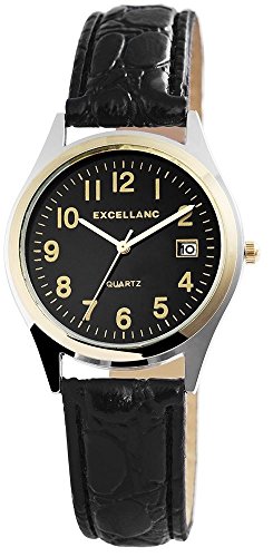 Excellanc Damen-Uhr Kunstleder Armband Dornschließe Datum Analog Quarz 2900217 (schwarz silberfarbig goldfarbig) von Excellanc