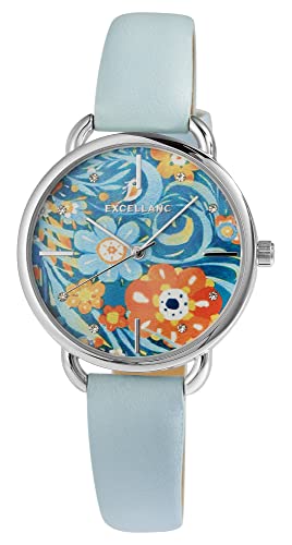 Excellanc Damen-Uhr Kunstleder Blume Floral Analog Quarz 1900280 (blau) von Excellanc