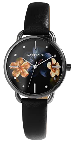Excellanc Damen-Uhr Kunstleder Blume Floral Analog Quarz 1900280 (schwarz) von Excellanc