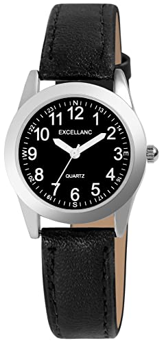 Excellanc Damen-Uhr Kunstleder Dornschließe Leuchtzeiger Analog Quarz 1900289 (schwarz schwarz weiß) von Excellanc